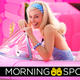 Margot Robbie as Barbie, sitting in a neon pink Chevrolet as she poses smiling over the windscreen.